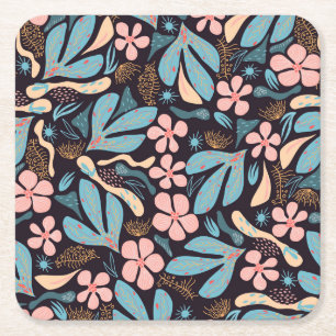 Coral Blue Bloemen Donkere Print Vierkante Kartonnen Onderzetter