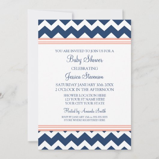 Coral Blue Chevron Custom Baby Shower Invitations (Dos)