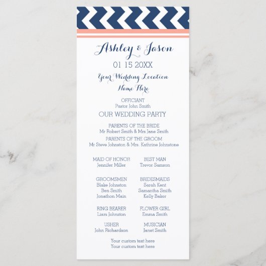 Coral Blue Chevron programme de mariage (Dos)