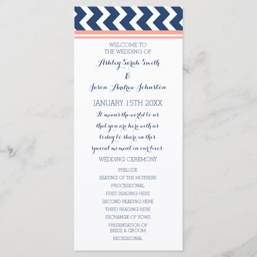 Coral Blue Chevron programme de mariage (Devant)
