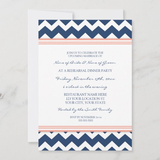 Coral Blue Chevron Rehearsal Dinner Party Kaart (Achterkant)