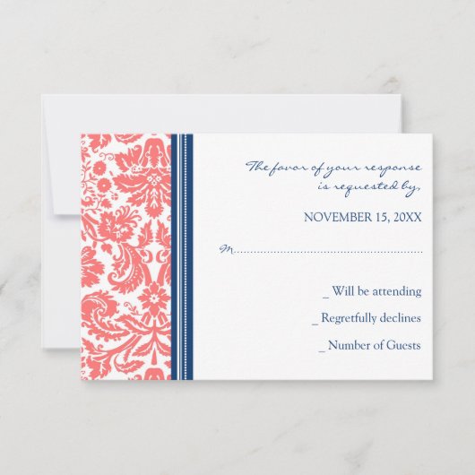 Coral Blue Damask RSVP Weddenkaart (Voorkant)