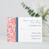 Coral Blue Damask RSVP Weddenkaart (Staand voorkant)