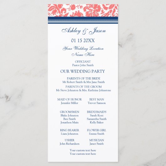 Coral Blue Damask Wedding Program Programma (Achterkant)