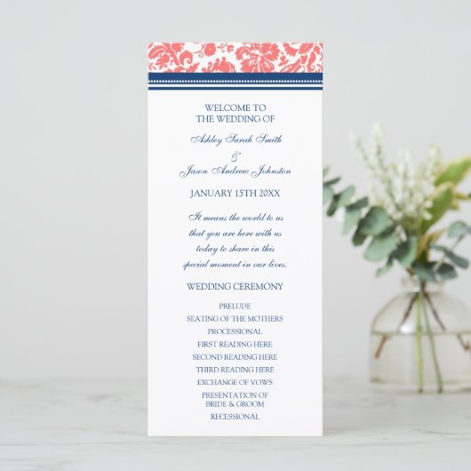Coral Blue Damask Wedding Program Programma (Staand voorkant)