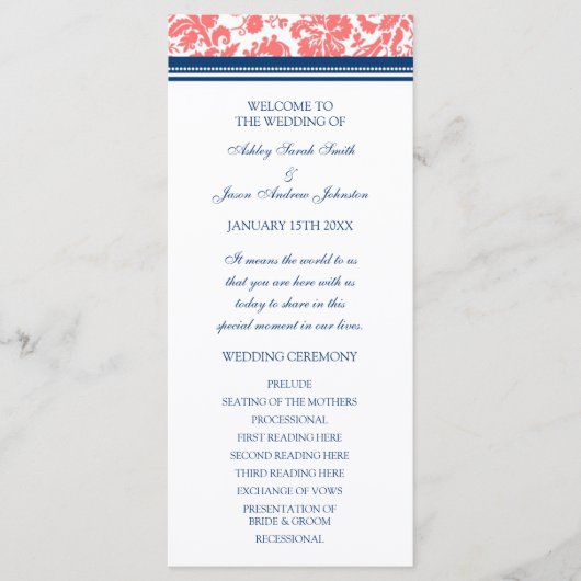 Coral Blue Damask Wedding Program Programma (Voorkant)