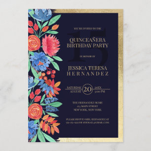 Coral Blue Gold Floral Waterverf Quinceañera Kaart