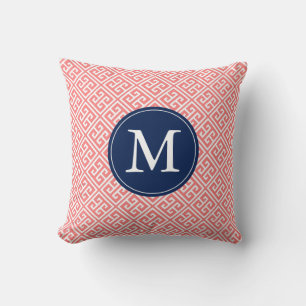 Coral Blue Greek Key Pattern Monogram Kussen