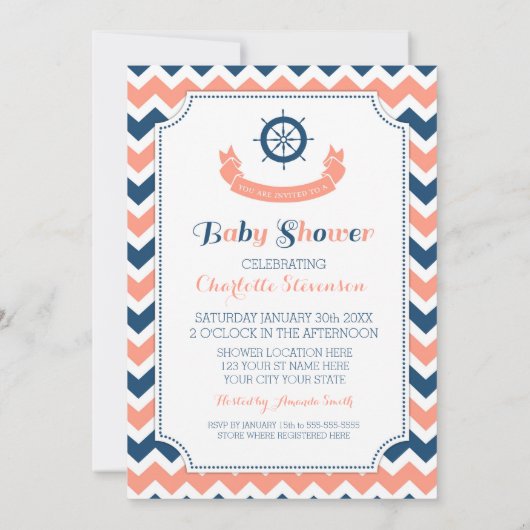 Coral Blue Nautical Custom Baby Shower Invitations (Dos)