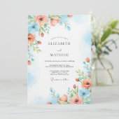 Coral Blue Painterly Bloom Wedding Kaart (Staand voorkant)