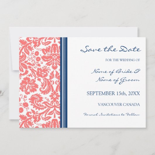 Coral Blue Wedding Enregistrer la carte Date (Devant)
