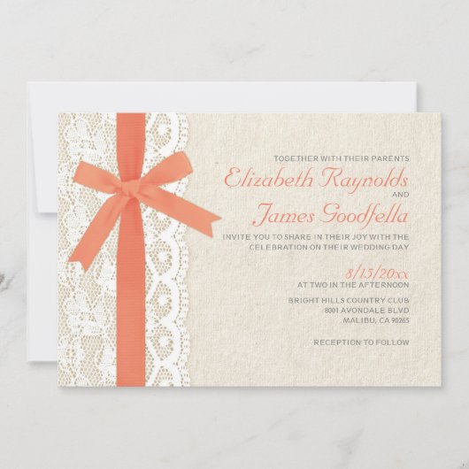 Coral Bow & Lace Wedding Invitations Kaart (Voorkant)