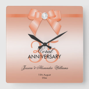 Coral Bow & Ribbon 35th Wedding Jubileum Vierkante Klok