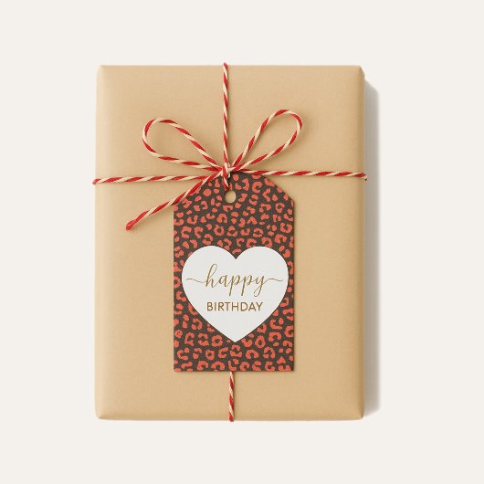 Coral Brown Leopard Print Heart Happy Birthday Cadeaulabel