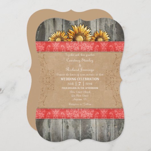 Coral Brown Rustic Tournesol Mariage Invitation (Devant / Derrière)