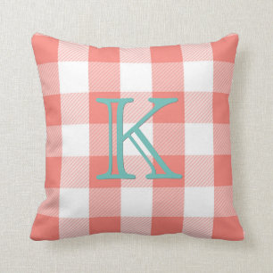 Coral Buffalo Check   Blauwgroen monogram speldest Kussen