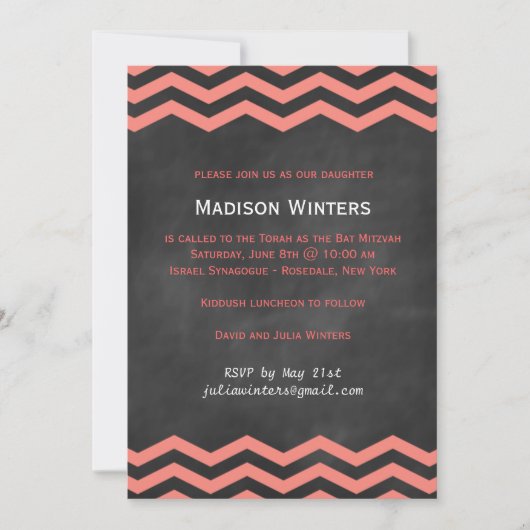 Coral & Chalkboard Chevron Bat Mitzvah Kaart (Voorkant)