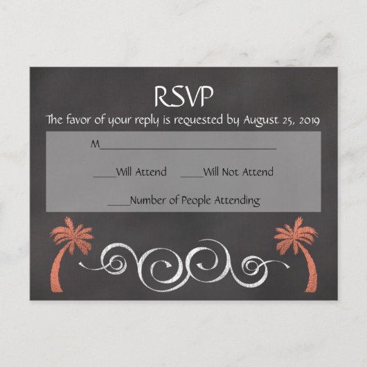 Coral Chalkboard Script Beach Bruiloft RSVP Antwoo Uitnodiging Briefkaart (Voorkant)