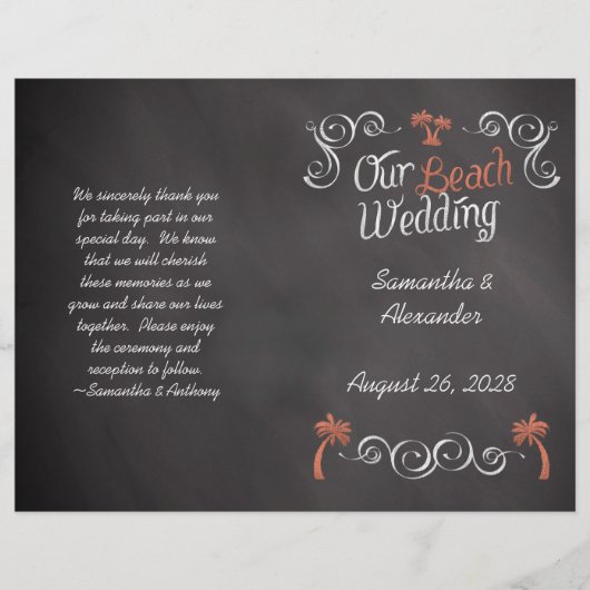 Coral Chalkboard Script Beach Wedding Program (Voorkant)