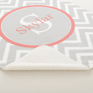 Coral Chevron Monogram Sherpa Deken