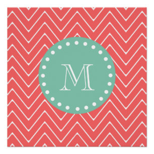 Coral Chevron Pattern Munt Green Monogram Perfect Poster