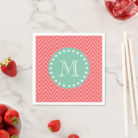 Coral Chevron Pattern | Munt Green Monogram Servetten (Insitu)