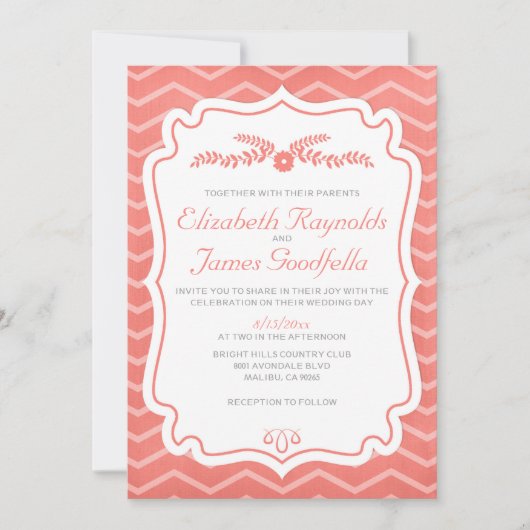 Coral Chevron Stripes Mariage Invitations (Devant)