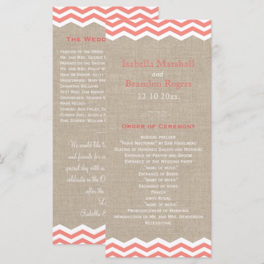 Coral Chevrons op Burlap Wedding Program Programma (Voorkant / Achterkant)
