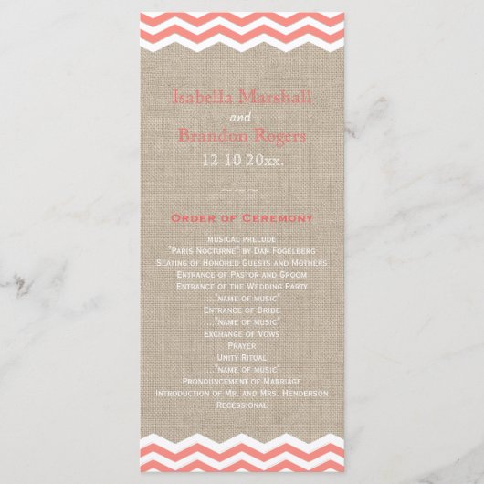 Coral Chevrons op Burlap Wedding Program Programma (Voorkant)