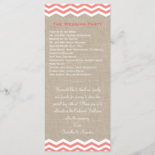 Coral Chevrons sur Burlap Wedding Programme (Dos)