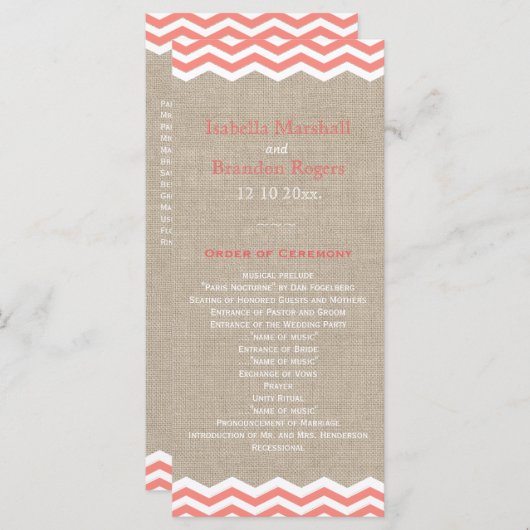 Coral Chevrons sur Burlap Wedding Programme (Devant / Derrière)