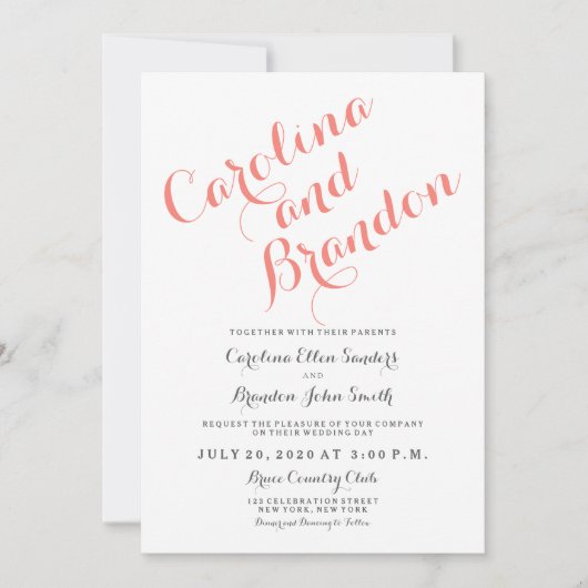 Coral Classic Script Élégant Mariage Invitation (Devant)