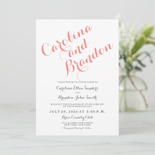 Coral Classic Script Élégant Mariage Invitation (Debout devant)