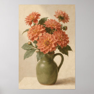 Coral Dahlias in Olijfgroene Vaas Poster