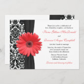 Coral Daisy Black White Mariage damassé Invitation (Devant / Derrière)