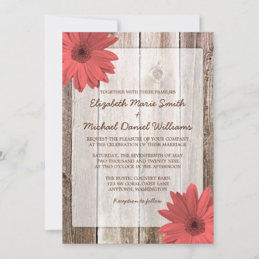 Coral Daisy Rustic Grange Faire-part de mariage en (Devant)