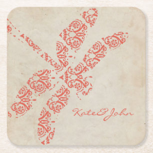 Coral Damask Dragonfly Wedding Vierkante Kartonnen Onderzetter