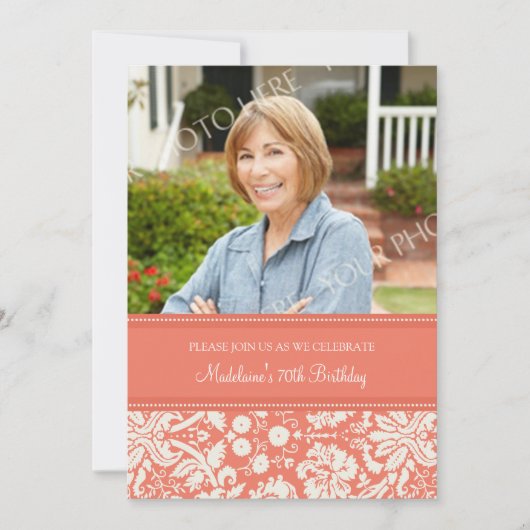 Coral Damask Photo 70th Birthday Party Invitations (Devant)