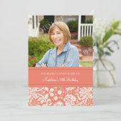 Coral Damask Photo 70th Birthday Party Invitations (Debout devant)