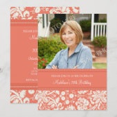 Coral Damask Photo 70th Birthday Party Invitations (Devant / Derrière)
