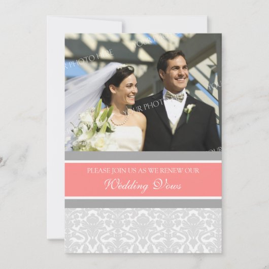 Coral Damask Photo Invitations Renouvellement de V (Devant)