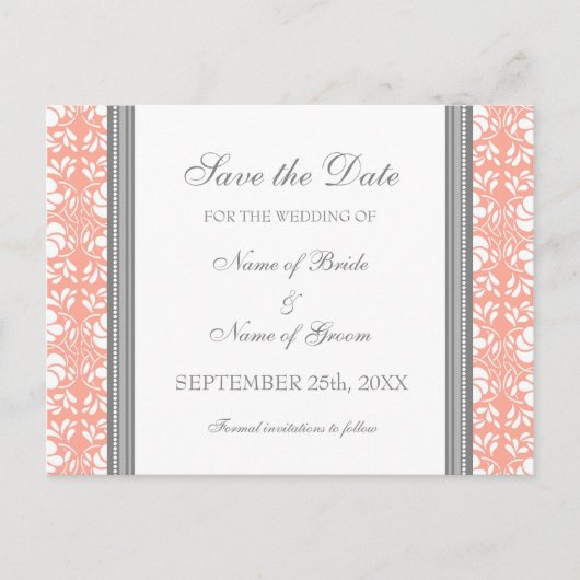 Coral Damask Save the Date Wedding Briefkaarten (Voorkant)