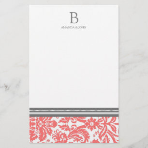 Coral Damask Wedding Monogram Stationery Briefpapier