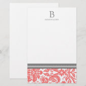 Coral Damask Wedding Monogram Stationery Briefpapier (Voorkant / Achterkant)