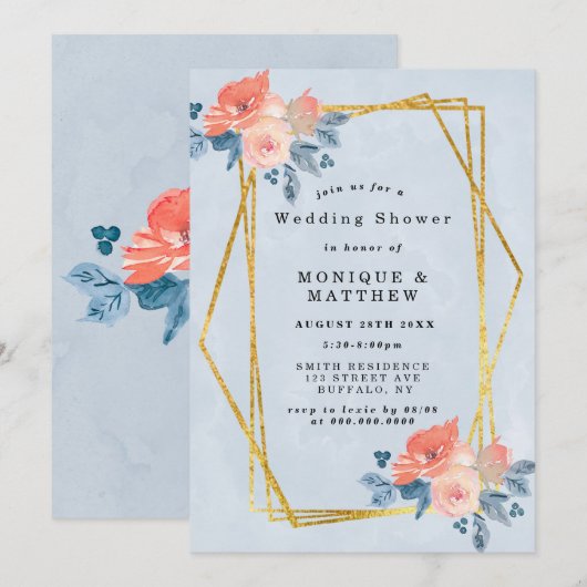 Coral Dusty Blue Gold Floral Wedding Shower (Voorkant / Achterkant)