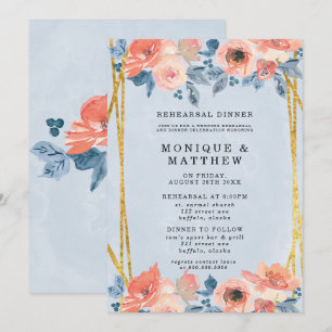 Coral Dusty Blue Gold Peony Rehearsal Dinner Kaart