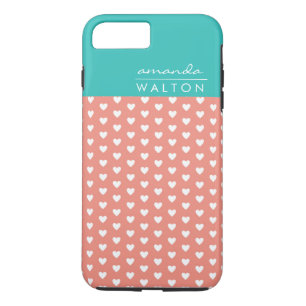 Coral en Aqua Hearts Patroon Aangepaste naam iPhone 8 Plus / 7 Plus Hoesje