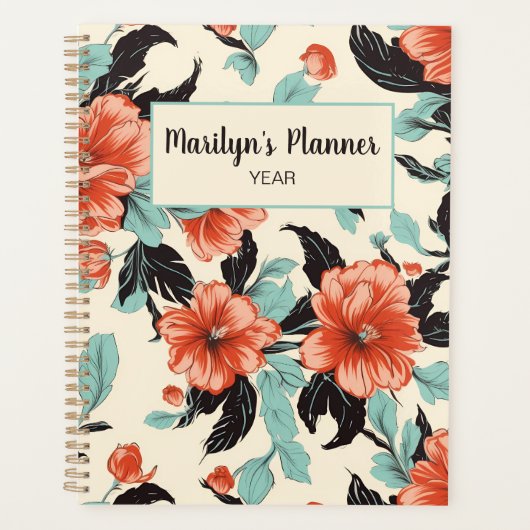 Coral en Mint Foral Gepersonaliseerde Planner (Voorkant)