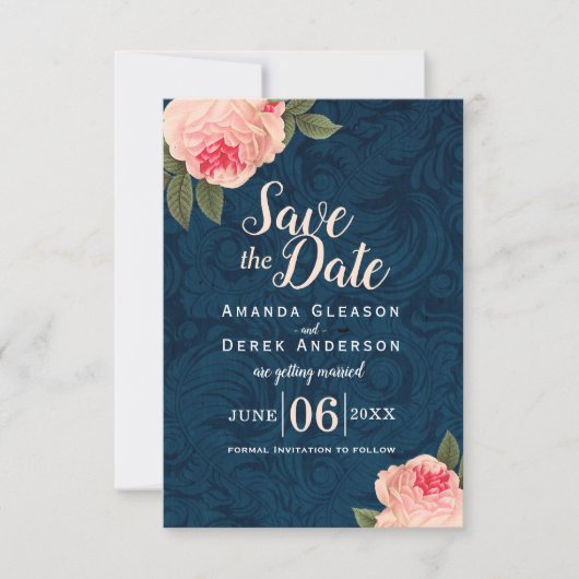 Coral et Bleu Nuit Shabby Chic Save the Date (Devant)