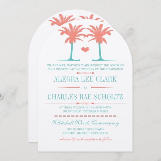 Coral et Neo Mint Beach Typographie Invitation (Devant / Derrière)